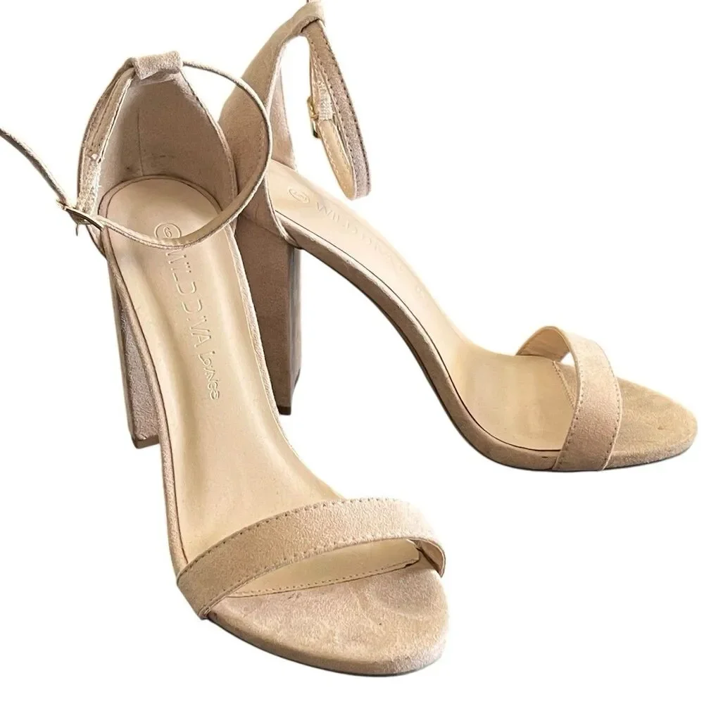 Wild Diva Nude Ankle Strap Block High Heel Open Toe Shoes 6 Faux Suede Wedding